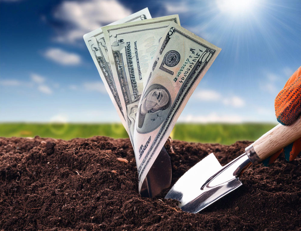 Money being planted into the ground with hand