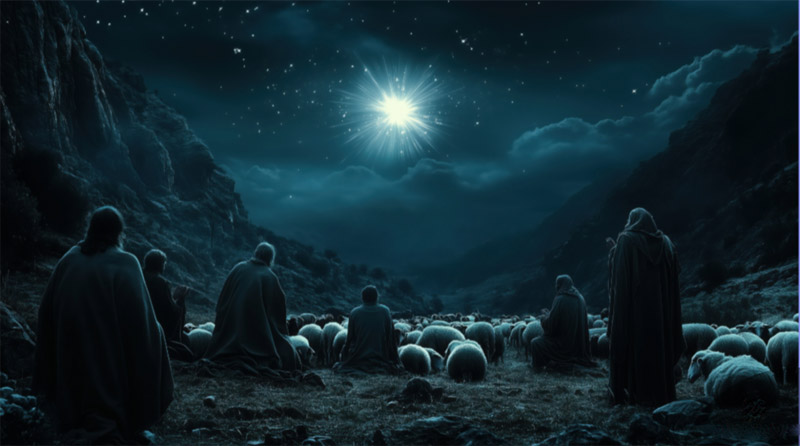 Shepherds in field at night watching a shinning star