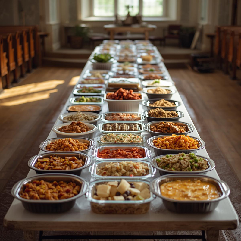 Long table at a church with food for a potluck